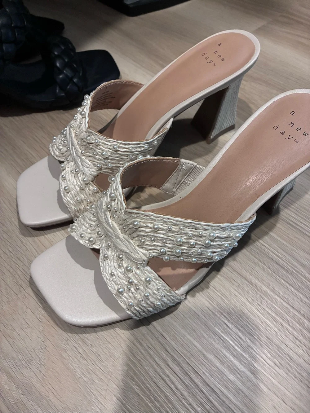 a new day Ivory Beaded Knot Strap Block Heel Sandals